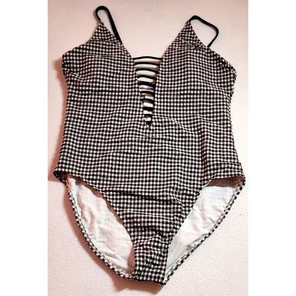 Time Tru Gingham V-Neck Keyhole One Piece Swimsuit XL 16-18 Black White Padded - Picture 1 of 9